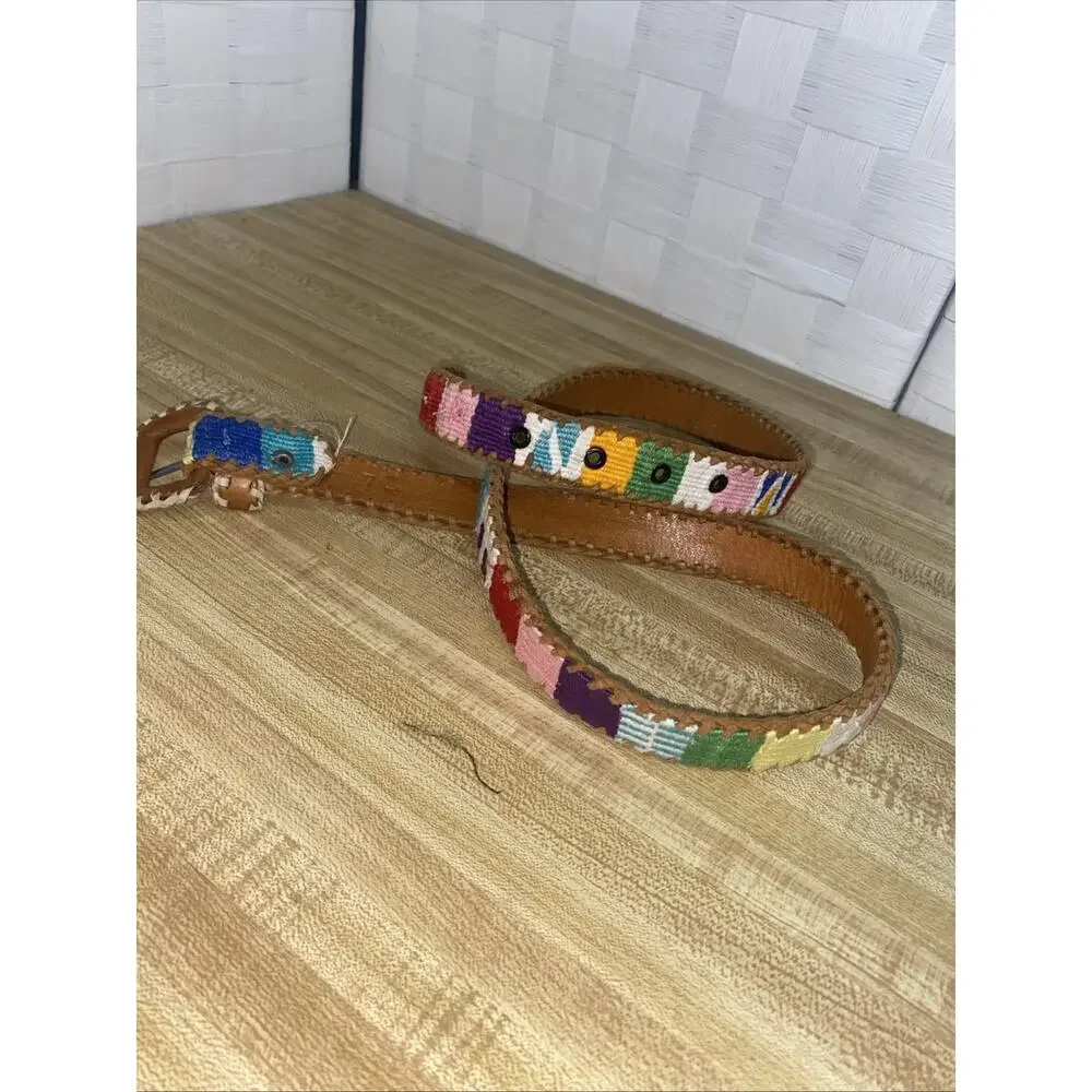 Vintage Leather Woven Belt Guatemala Rainbow Whip Stitch Geometric Western 32”